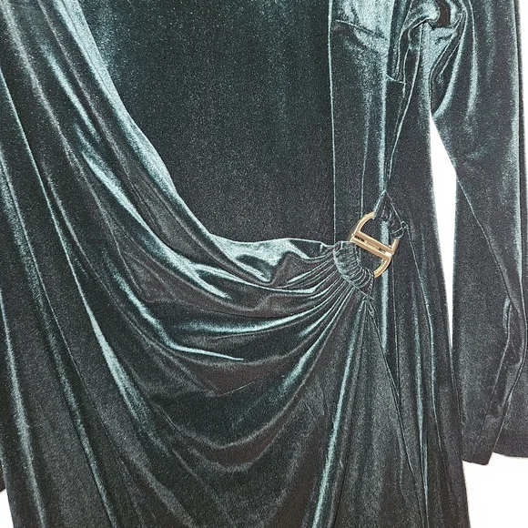 NWOT DKNY Long Sleeve Ruched Bodice Faux Wrap Velvet Midi Dress:Hunter Green: 16 - Picture 8 of 13